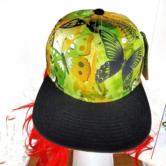 `H25453 NWT Lime & Gold Snapback/Baseball Cap - Floral Butterfly Design - Picture 3 of 4